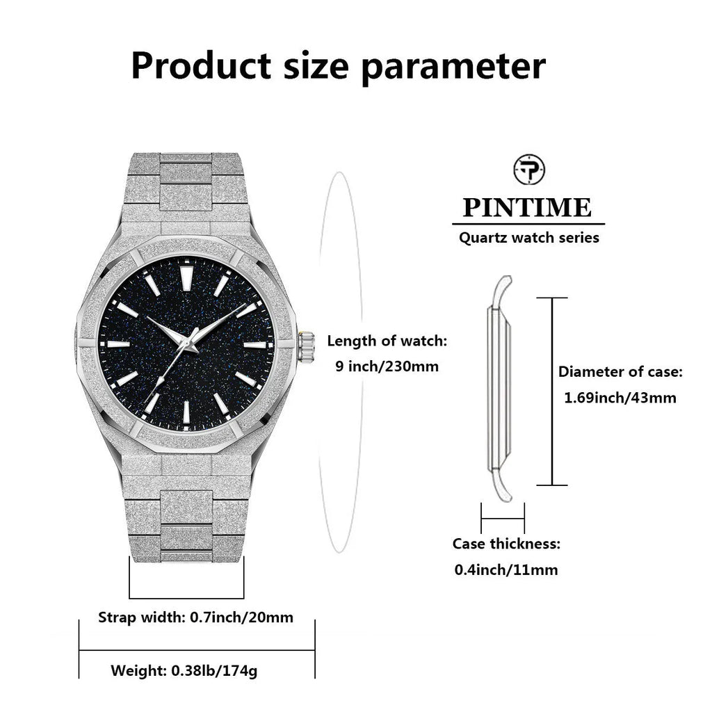 Stainless steel business watch with frosted case and luminous markers in silver, gold or black