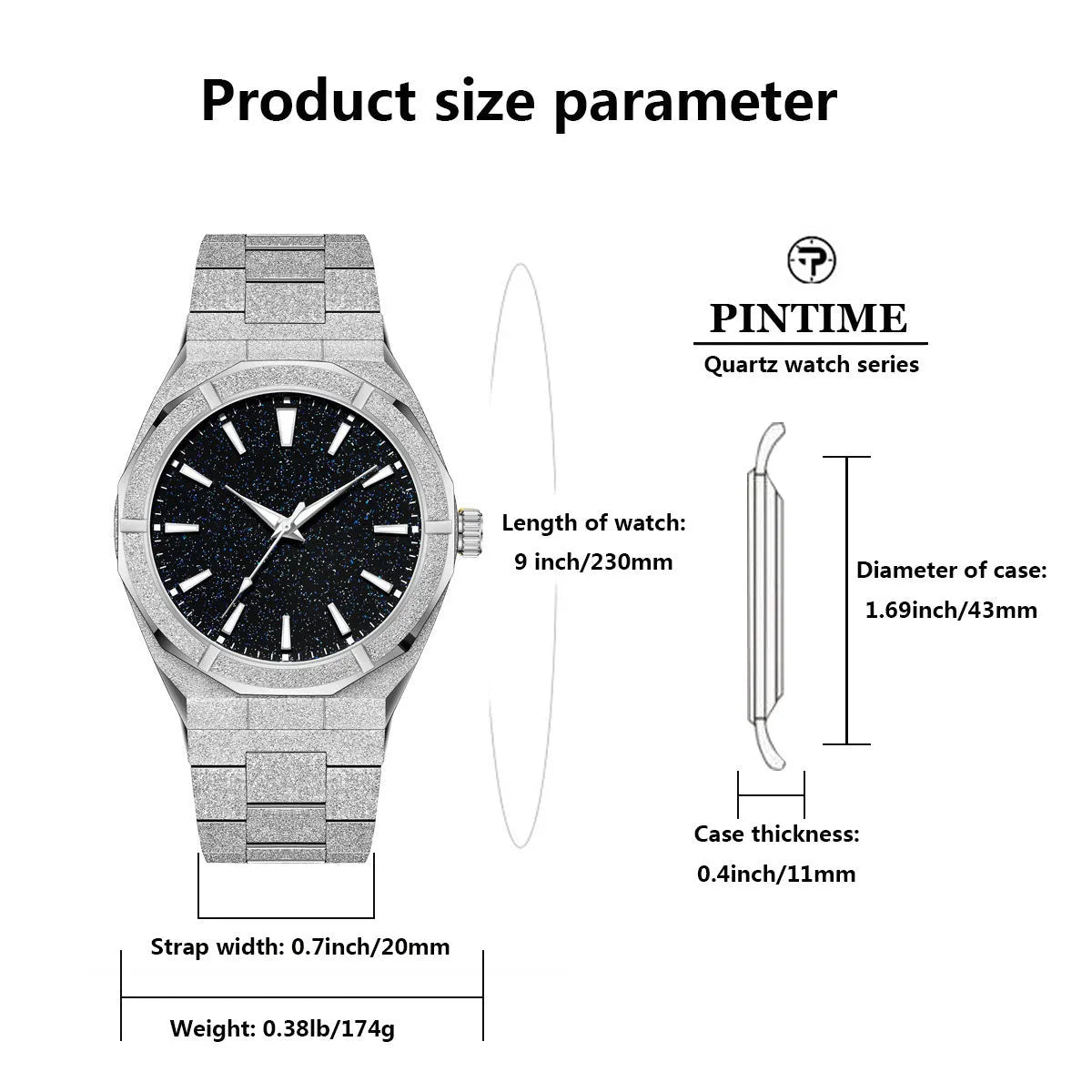 Stainless steel business watch with frosted case and luminous markers in silver, gold or black