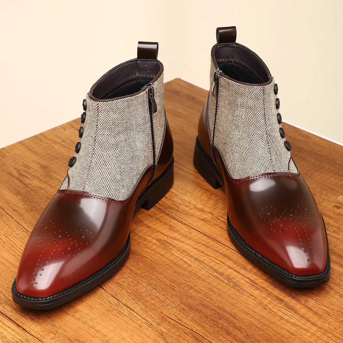Men's brown retro formal shoes with side zipper and square toe on a rubber sole.