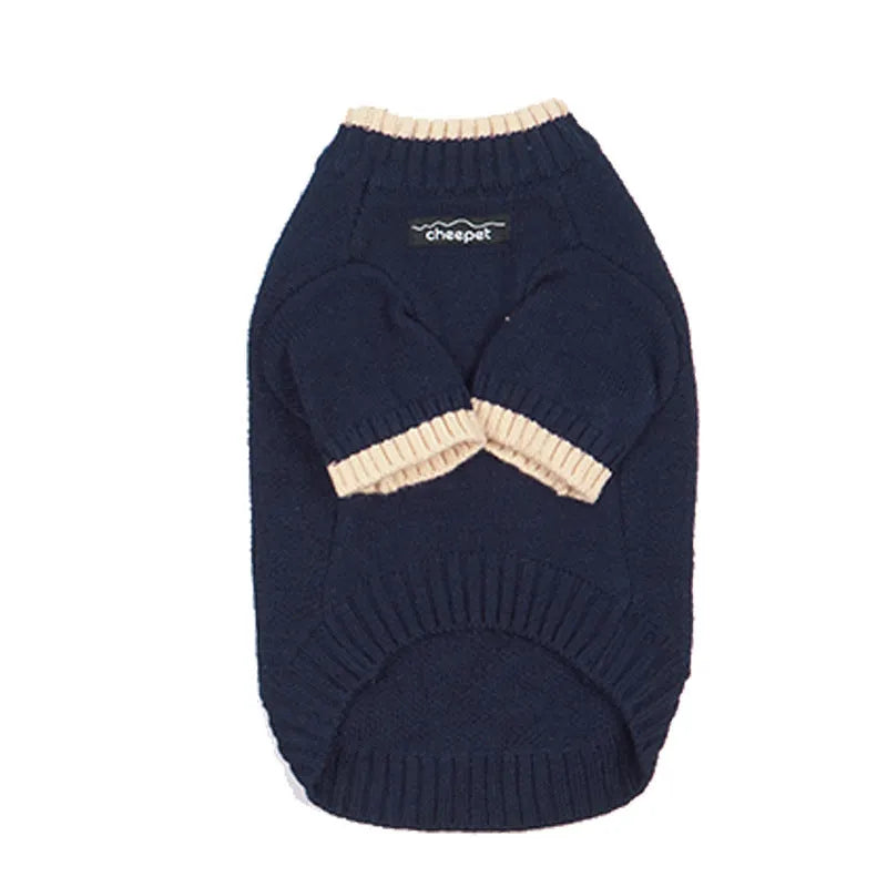 A Crown Blue two-leg pet sweater for a dog, made from wool blend fabric.