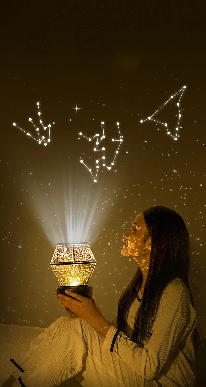 Children's rotating stars LED constellation projector night light showing colourful star patterns on a wall.