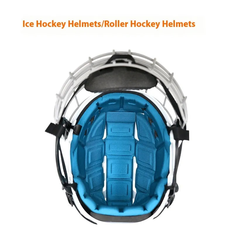 Ice hockey helmet with carbon steel face mask, showing impact-resistant PP shell and cushioned EVA lining interior.