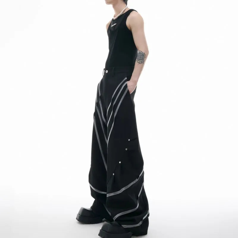 Men's polyester trousers with three-dimensional cutting and metal striped rivet pleated design