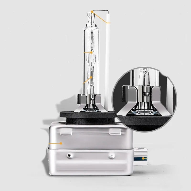 Xenon automotive bulb for D1S and D1R headlights with aluminium alloy shell and choice of four light colours.