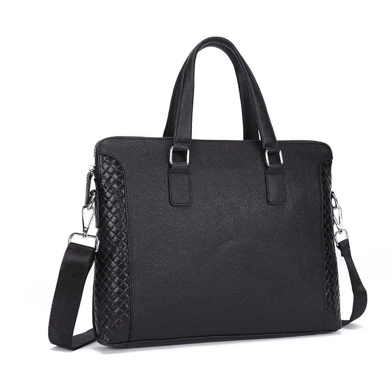 Black genuine leather men's briefcase with embossed weave pattern, horizontal shape, and soft handle for 14-inch laptop