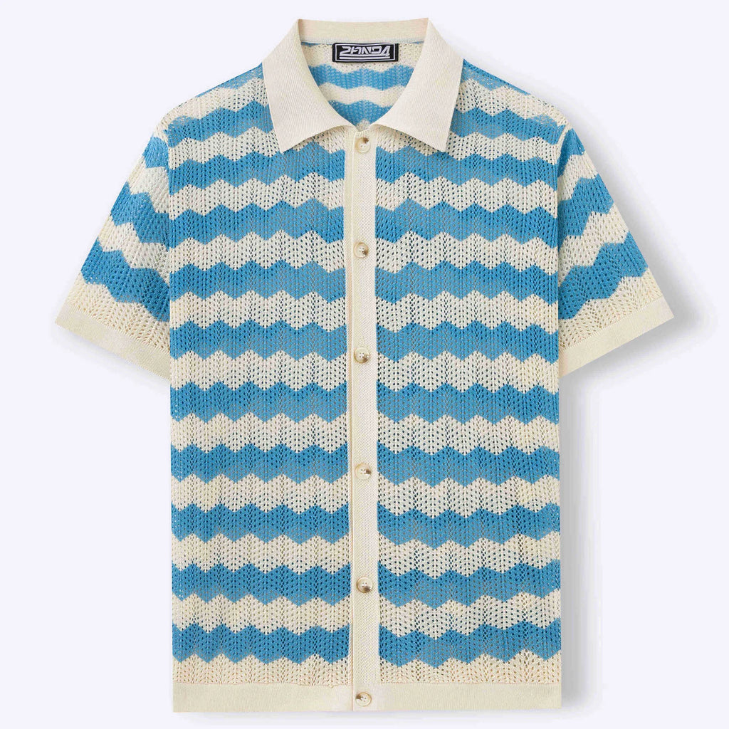 Short-sleeved blue corrugated knit sweater with a hollow jacquard texture on a hanger.