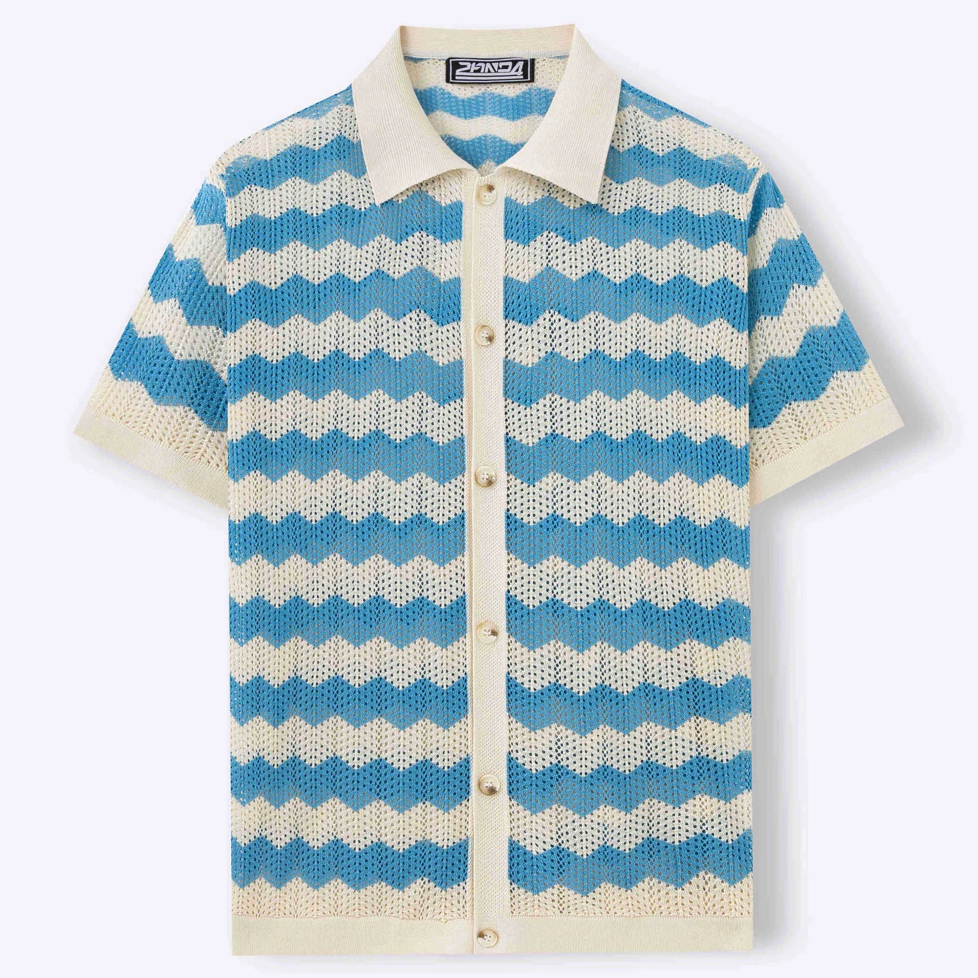 Short-sleeved blue corrugated knit sweater with a hollow jacquard texture on a hanger.