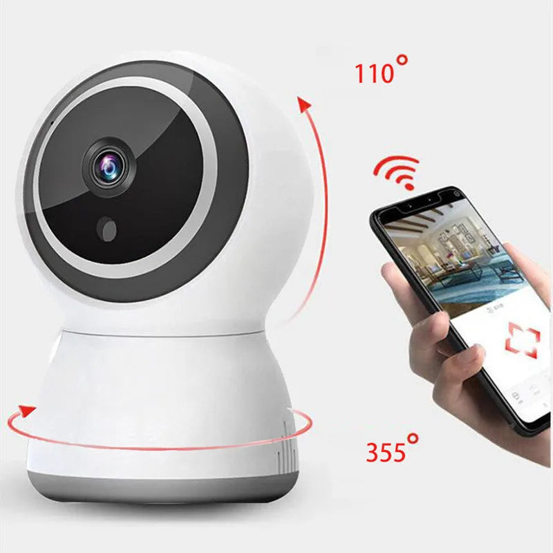 Tuya wireless indoor security camera with PTZ and night vision, 75x78x110mm