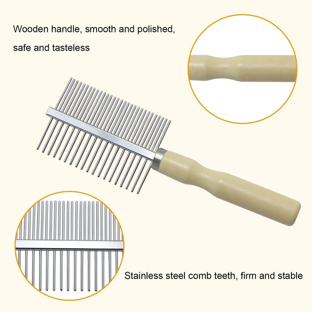 Wooden handled pet grooming comb with round-tipped teeth, shown next to a dog.