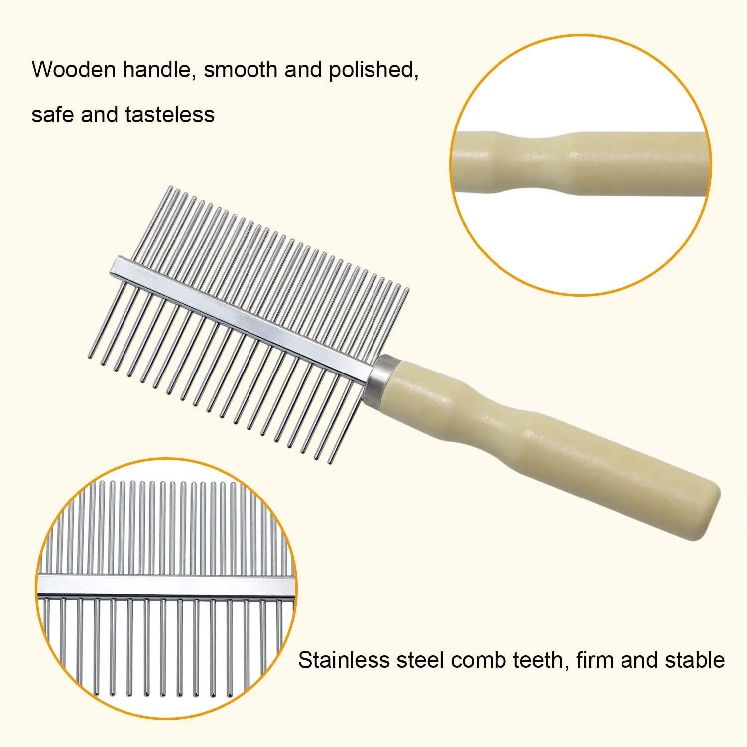 Wooden handled pet grooming comb with round-tipped teeth, shown next to a dog.