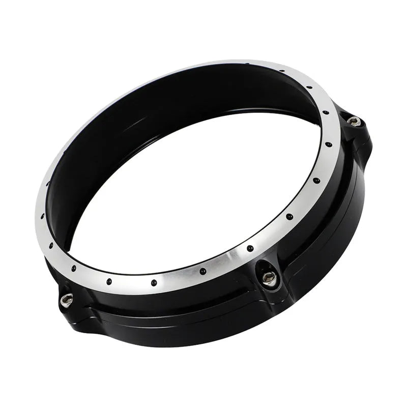 Black CNC aluminium headlight cover for BMW R nineT Scrambler motorcycle.