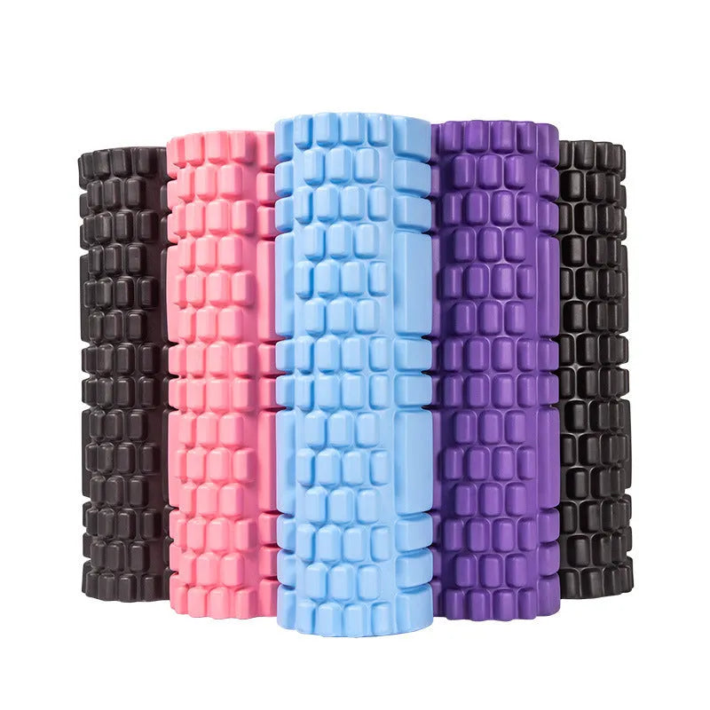 EVA foam roller for fitness in black, grey, pink, sky blue, or light purple, showing 30cm and 33cm size options.