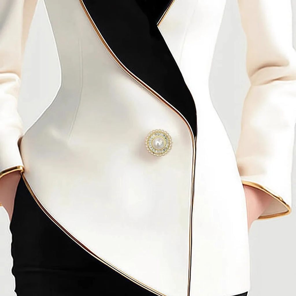 Women's milky white beige TR polyester coat with golden edge pearl buttons and irregular cut