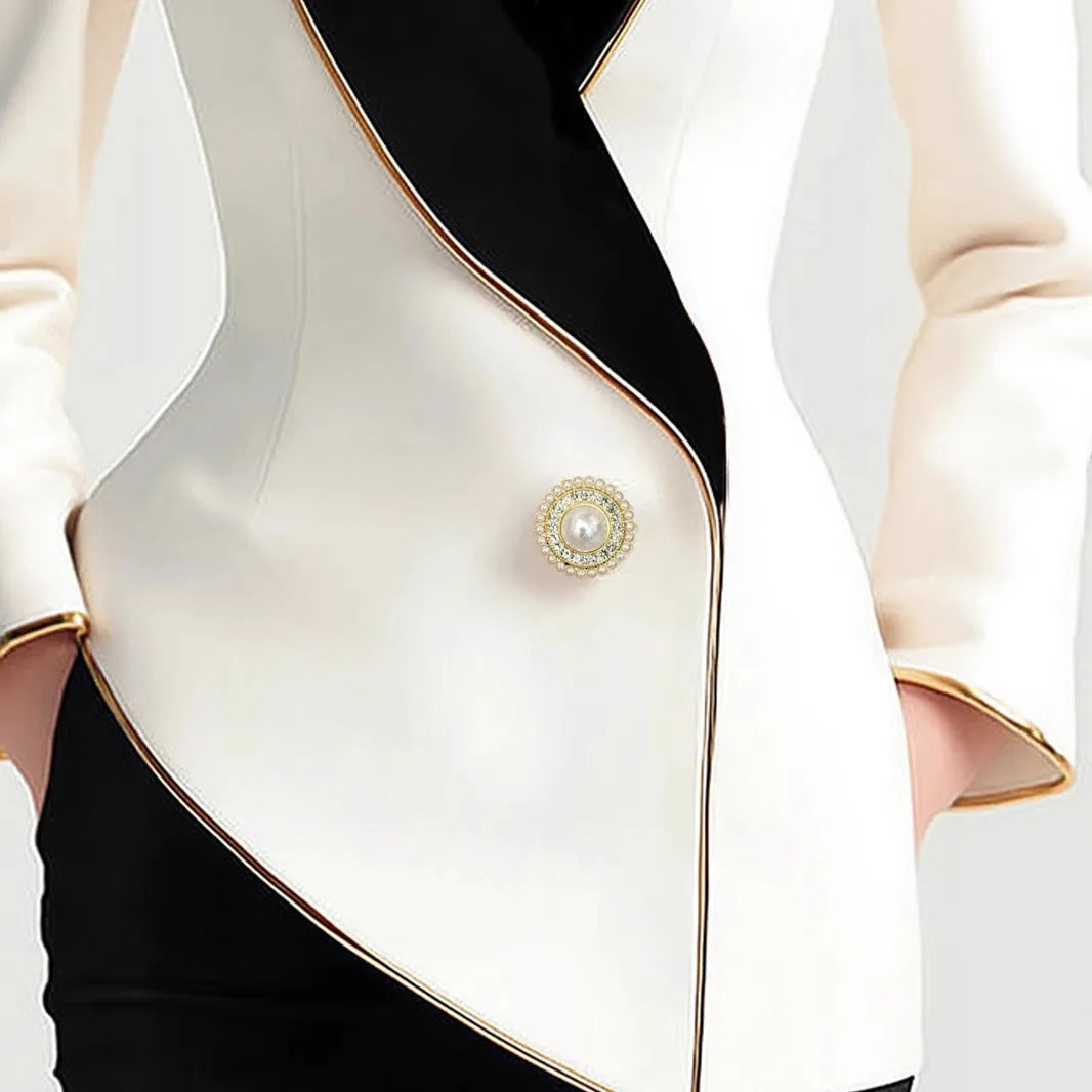Women's milky white beige TR polyester coat with golden edge pearl buttons and irregular cut