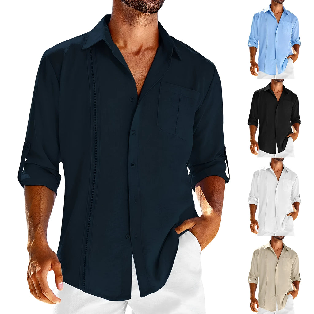 Men's grey long sleeve casual shirt with lace detail on polo collar and a chest pocket.