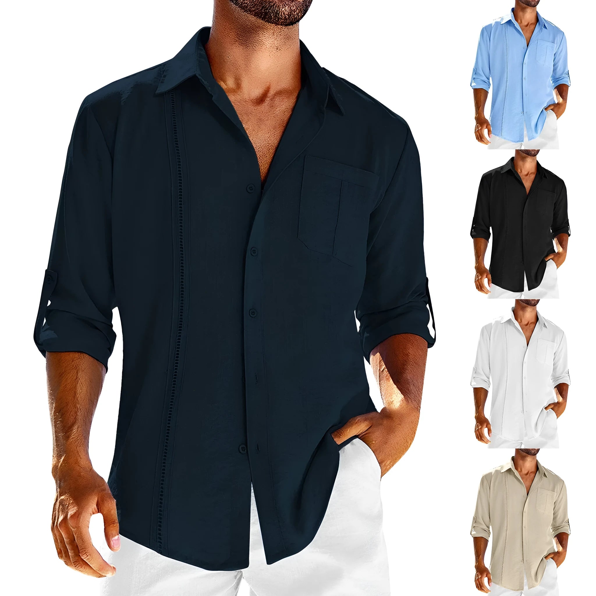 Men's grey long sleeve casual shirt with lace detail on polo collar and a chest pocket.