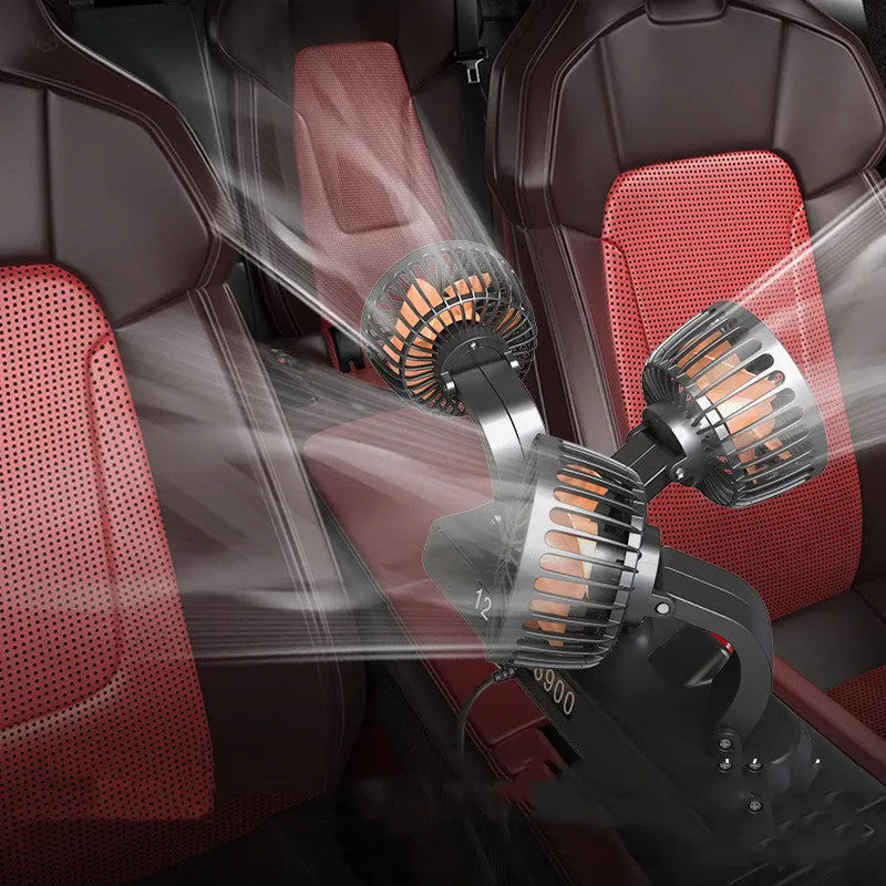 12V three head automotive electric cooling fan with adjustable heads and long power cable.