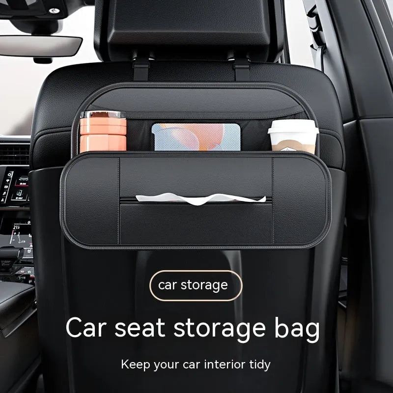 Black leather car seat back storage bag shown with dimensions 36cm wide by 24cm tall.