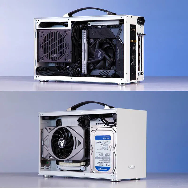 Three Hummingbird PRO portable ITX desktop chassis in titanium gray or white with tinned steel construction