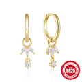Pair of S925 sterling silver earrings with a sunflower geometric design and golden three diamonds.