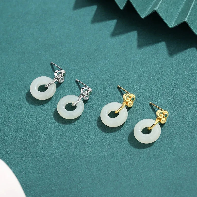 Pair of S925 sterling silver Ruyi safety buckle earrings with natural Hetian jade centrepiece, 20mm height
