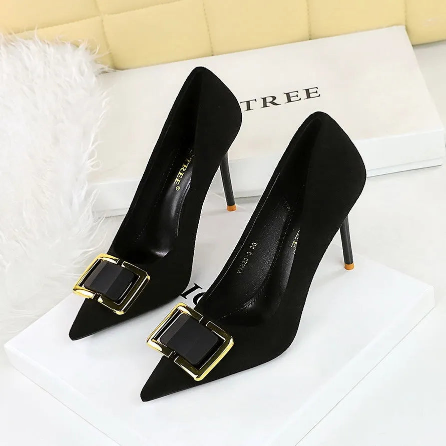 Black suede women's stiletto heels with 9cm heel, pointed toe and shallow mouth opening