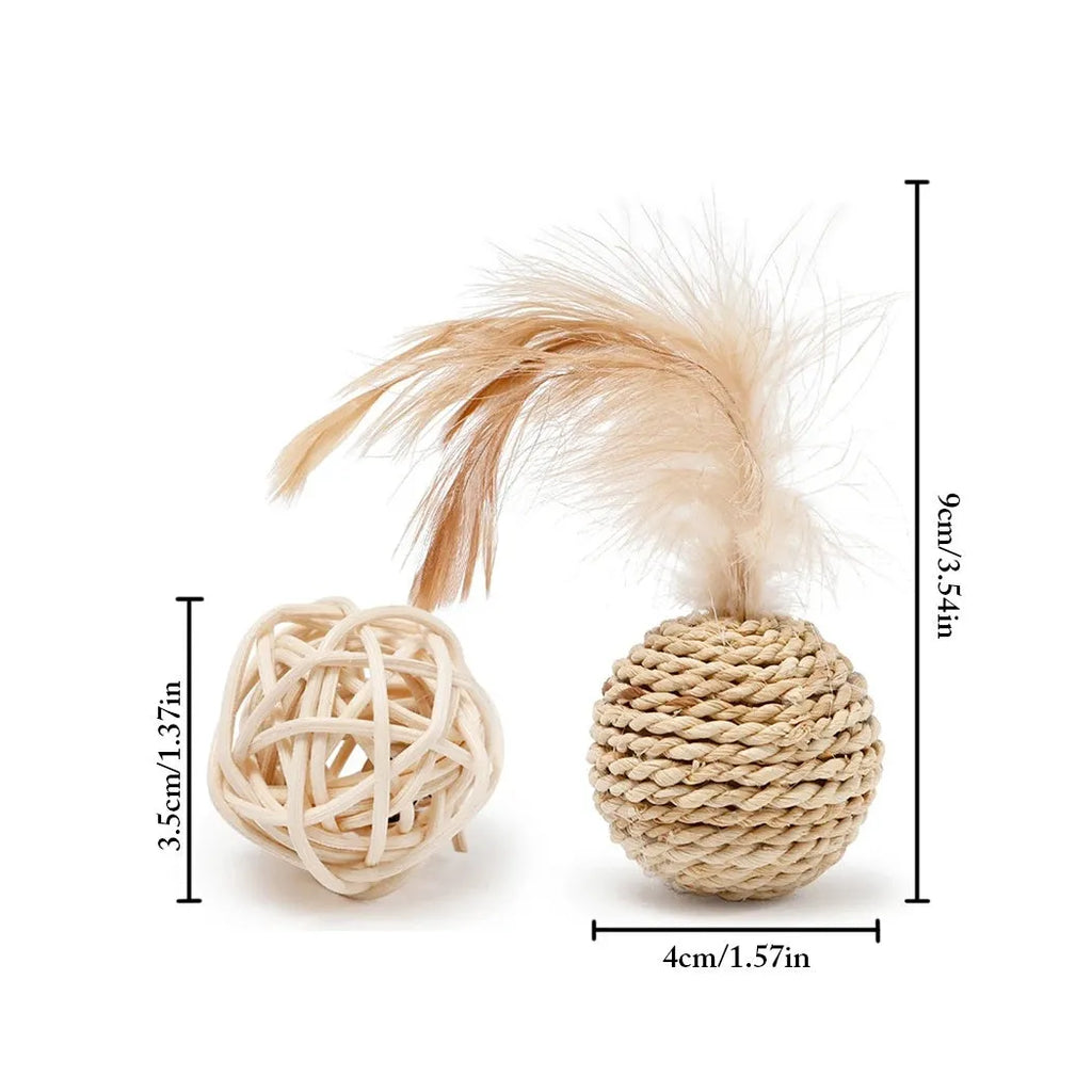 Two cat toy balls: hollow rattan sphere and faux feather ball with bell