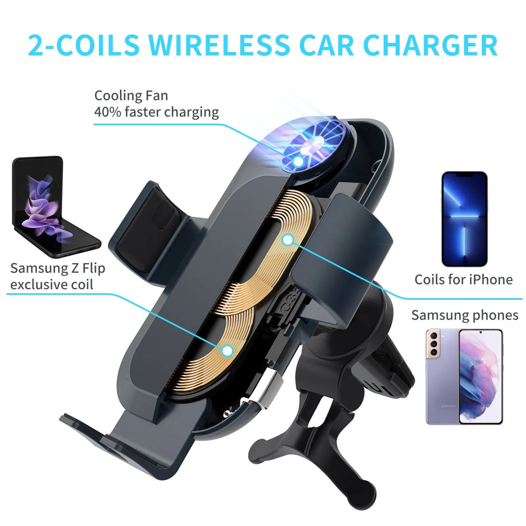 C35 colour car wireless charger phone holder mounted on car air vent, showing automatic clamping arms.