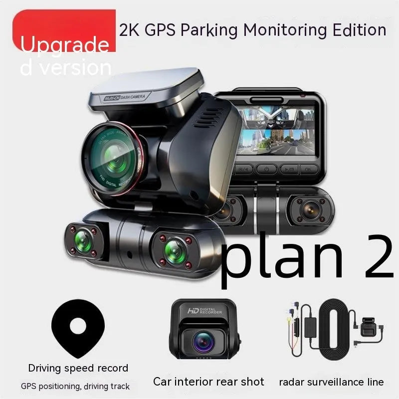 Black panoramic driving recorder dash cam with multiple lenses on a compact 2-inch screen unit.