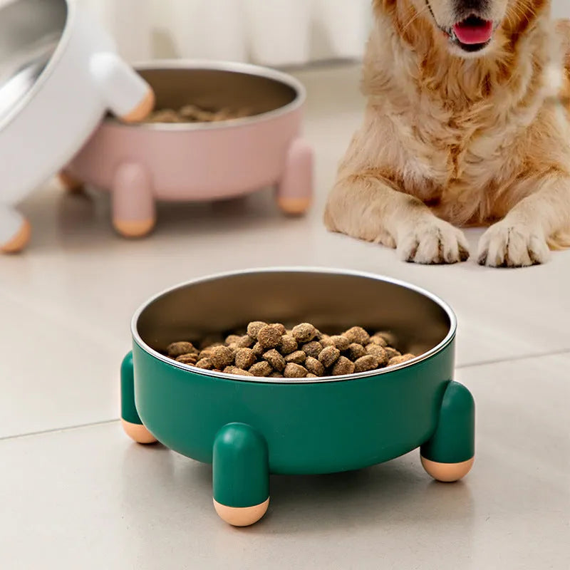 Stainless steel raised pet bowl with non-slip base in green, pink and white colour options