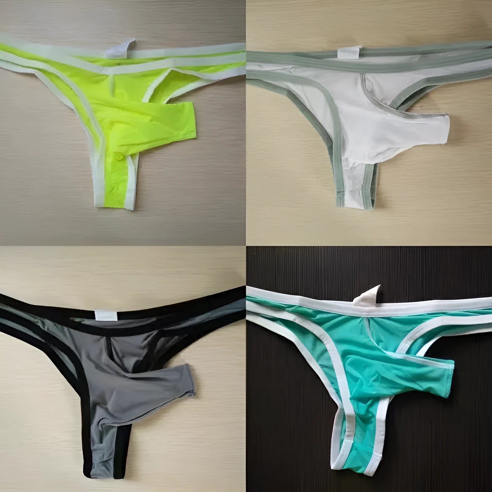 Men's Ice Silk briefs in various colours showing sizes M, L, and XL.