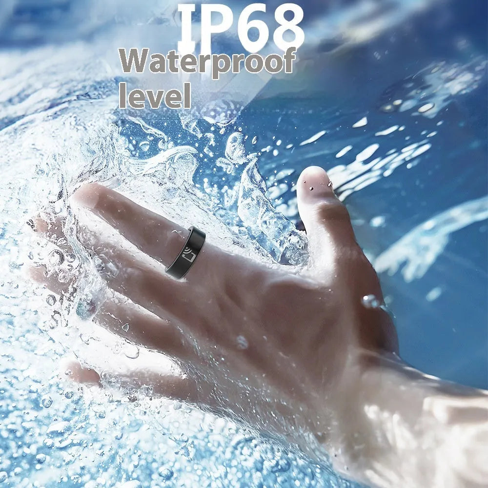 Black ceramic smart ring for heart rate, blood oxygen, and sleep monitoring on finger