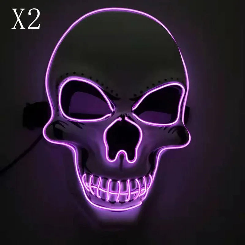 Skull LED glowing Halloween mask with EL wire, available in multiple colours, on a black background