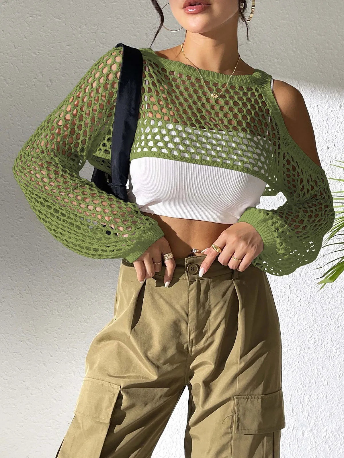 Mesh shirt with hollowed navel design in army green colour