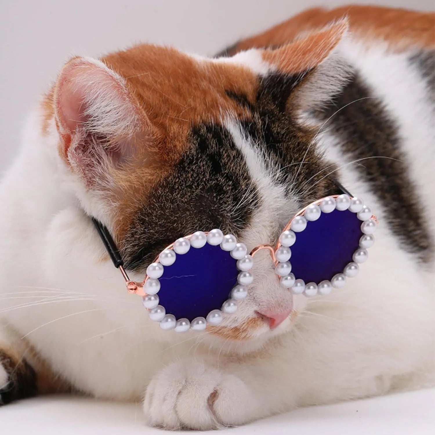 Pearl-decorated round sunglasses for cats and dogs in multiple colours and two sizes