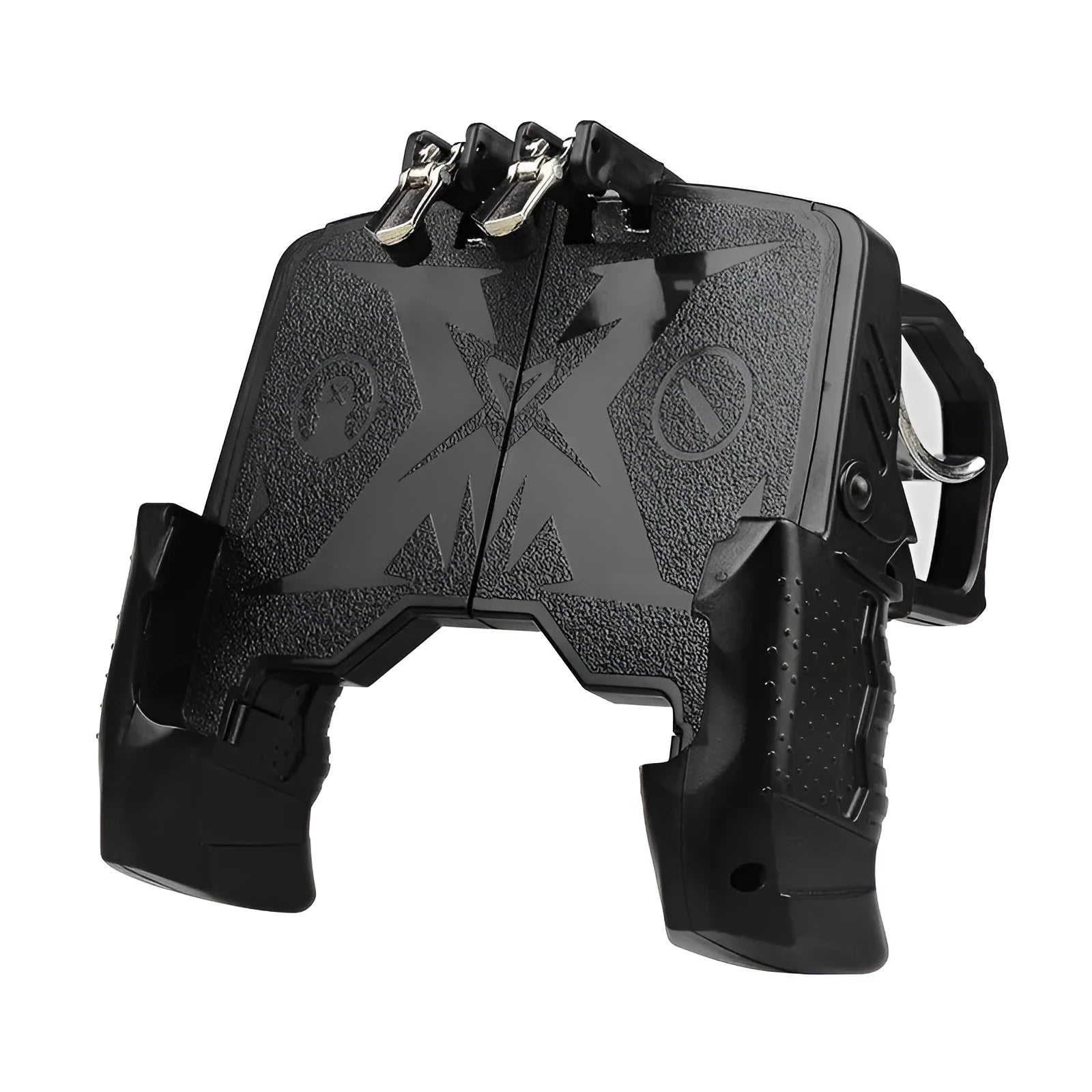 Black mobile phone gamepad controller with plug-in cable and handheld grip