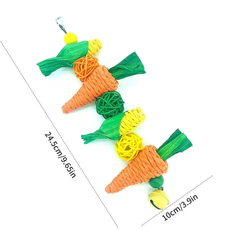 Parrot hanging chew toy with hook attachment for bird cage, featuring perch and climbing design