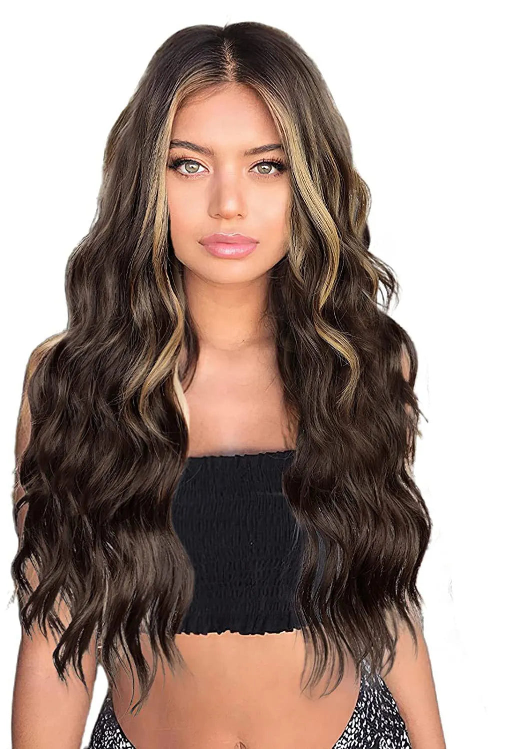 Front lace wig with medium large wavelength curly hair and long bangs for ladies in style shown