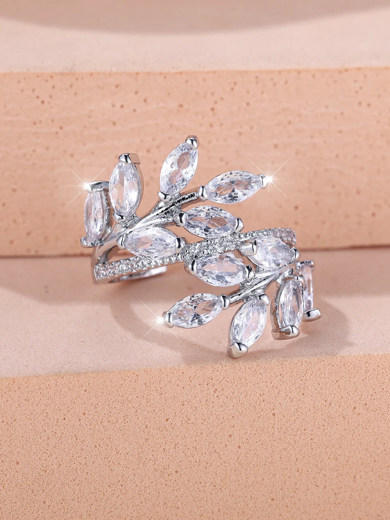 Adjustable copper leaf fashion ring with stone settings in multiple colour options