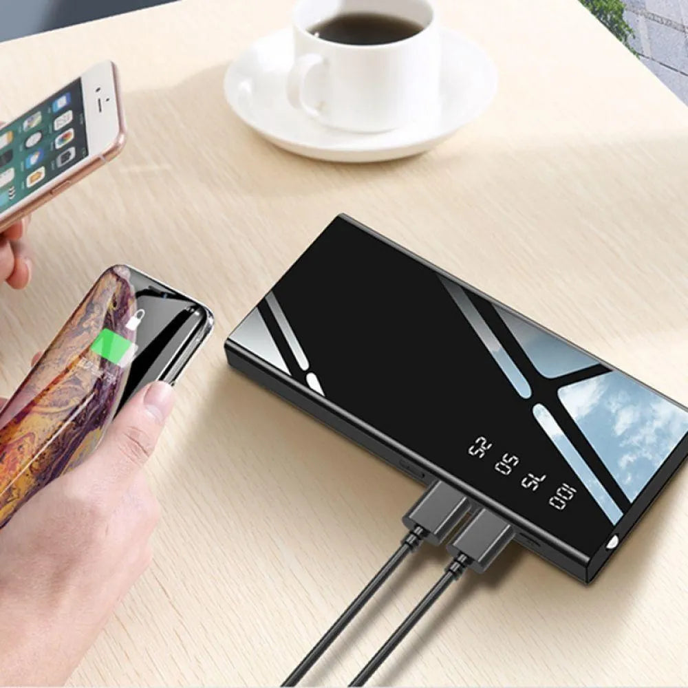 20000mAh portable power bank with LCD display and dual USB ports in black colour