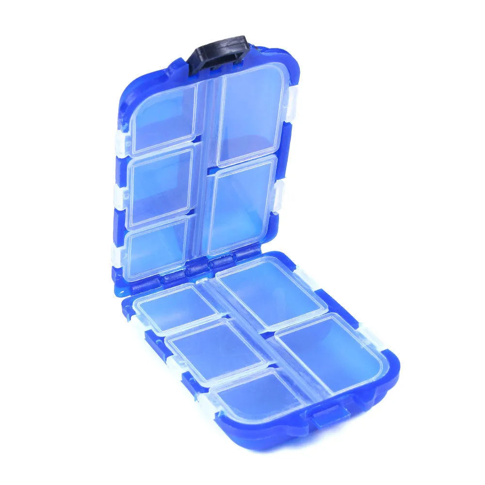 Plastic fishing gear storage box with 10 compartments measuring 9.5 × 6.5 × 3 cm