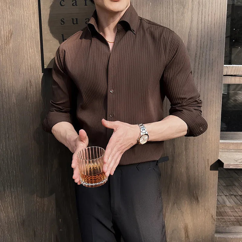 Men's striped V-neck long sleeve casual shirt in chemical fibre blend fabric