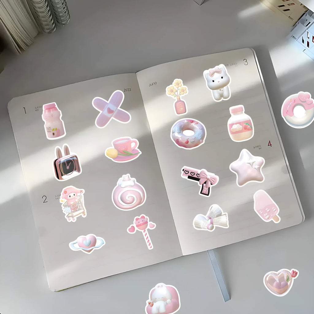 Pink girl heart decorative stickers with realistic 3D appearance in cute style, 63 pieces per pack