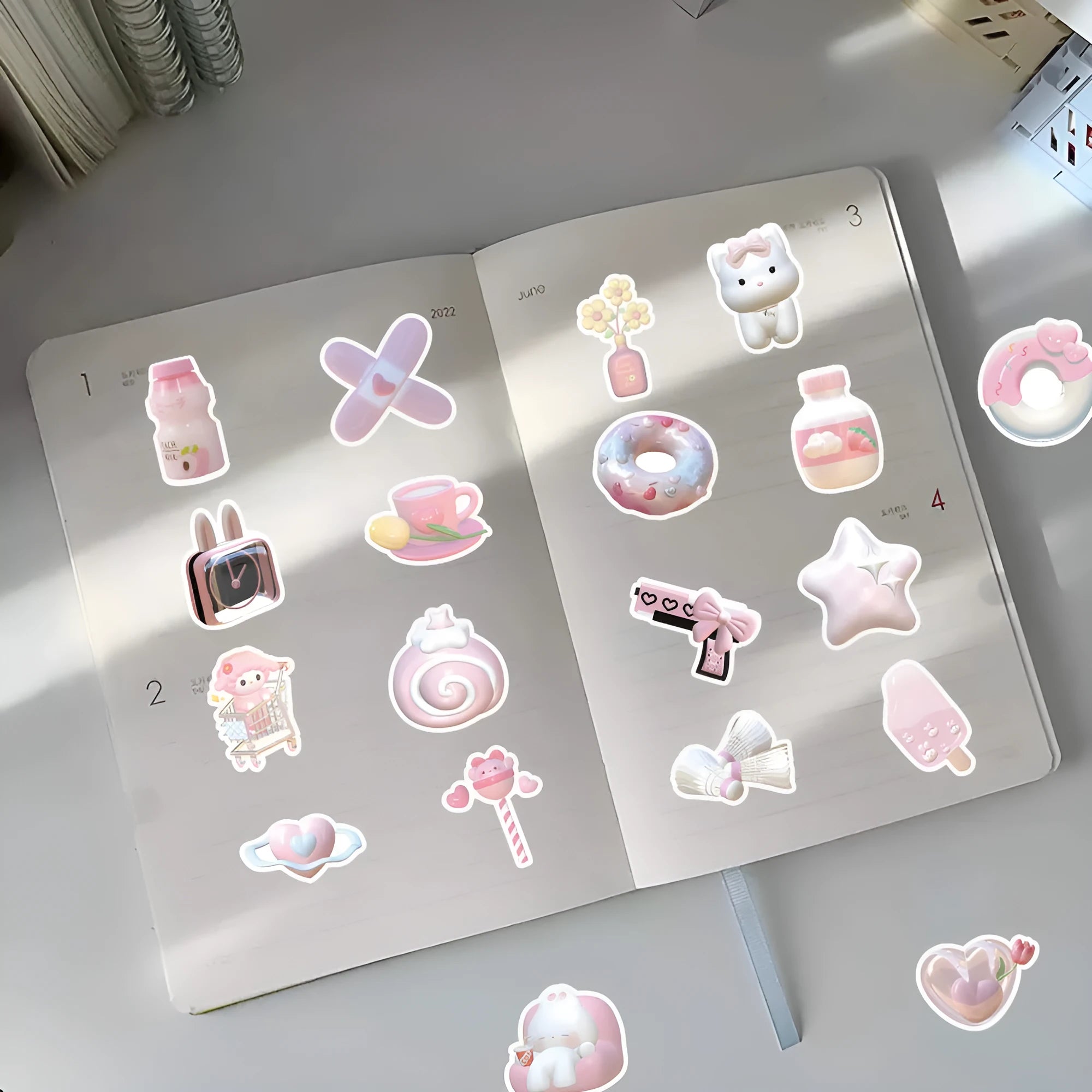Pink girl heart decorative stickers with realistic 3D appearance in cute style, 63 pieces per pack