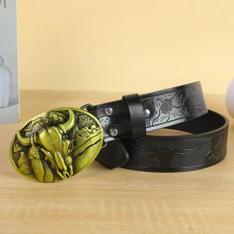 Men's imitation leather belt with cow head buckle design in black or brown colours