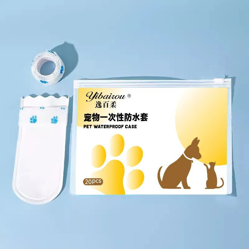 White disposable waterproof shoe covers for dogs on a pet's paw, shown in S and M sizes.