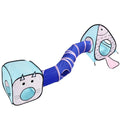 Foldable grey cat tunnel with cat and fish pattern, shown collapsed and set up.