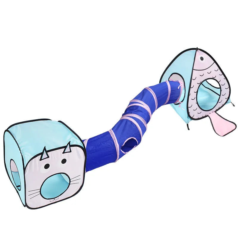 Foldable grey cat tunnel with cat and fish pattern, shown collapsed and set up.