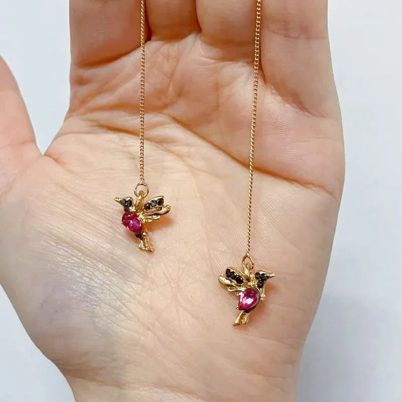 Women's long drop bird earrings with mixed zirconium wings in blue, red, and red lvzuan colour options