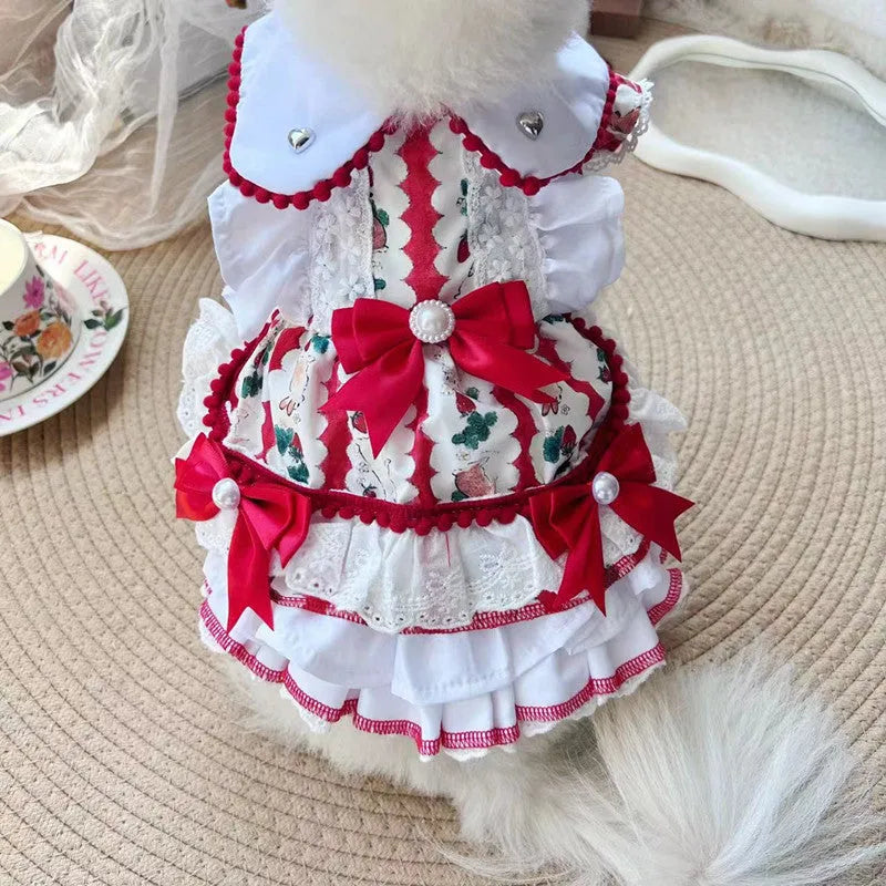 Rabbit skirt princess style polyester dress for small dogs on a size chart showing XS to XL measurements